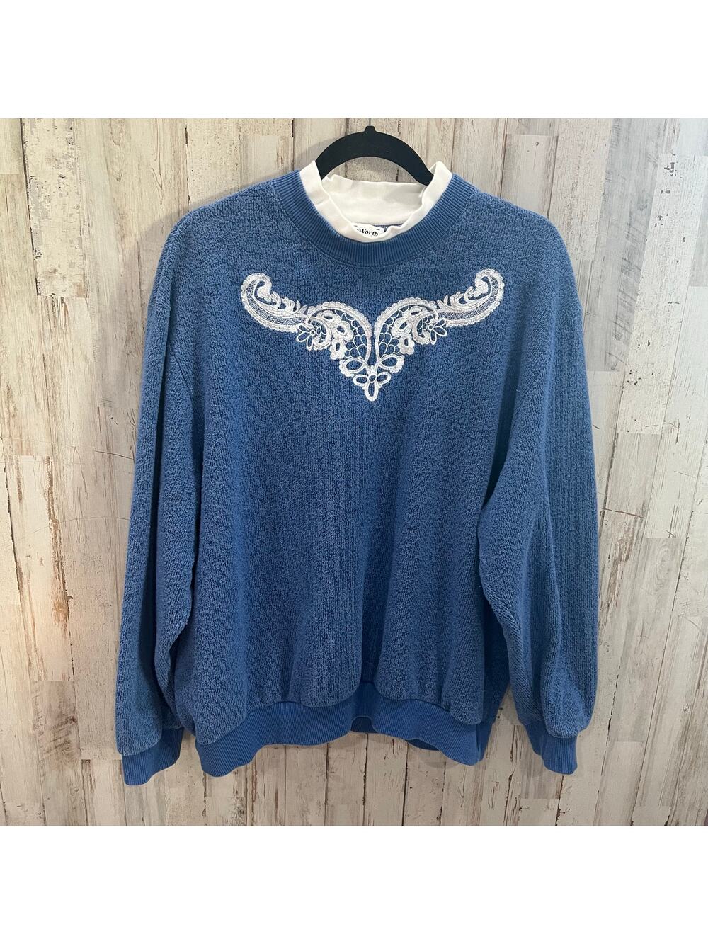 Vintage Bonworth Blue Double Collar Fuzzy Crewneck Sweatshirt 90s Womens Large
